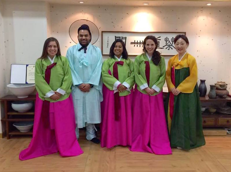 USC students in traditional Korean 'hanbok' dress during externship to Inje University in South Korea