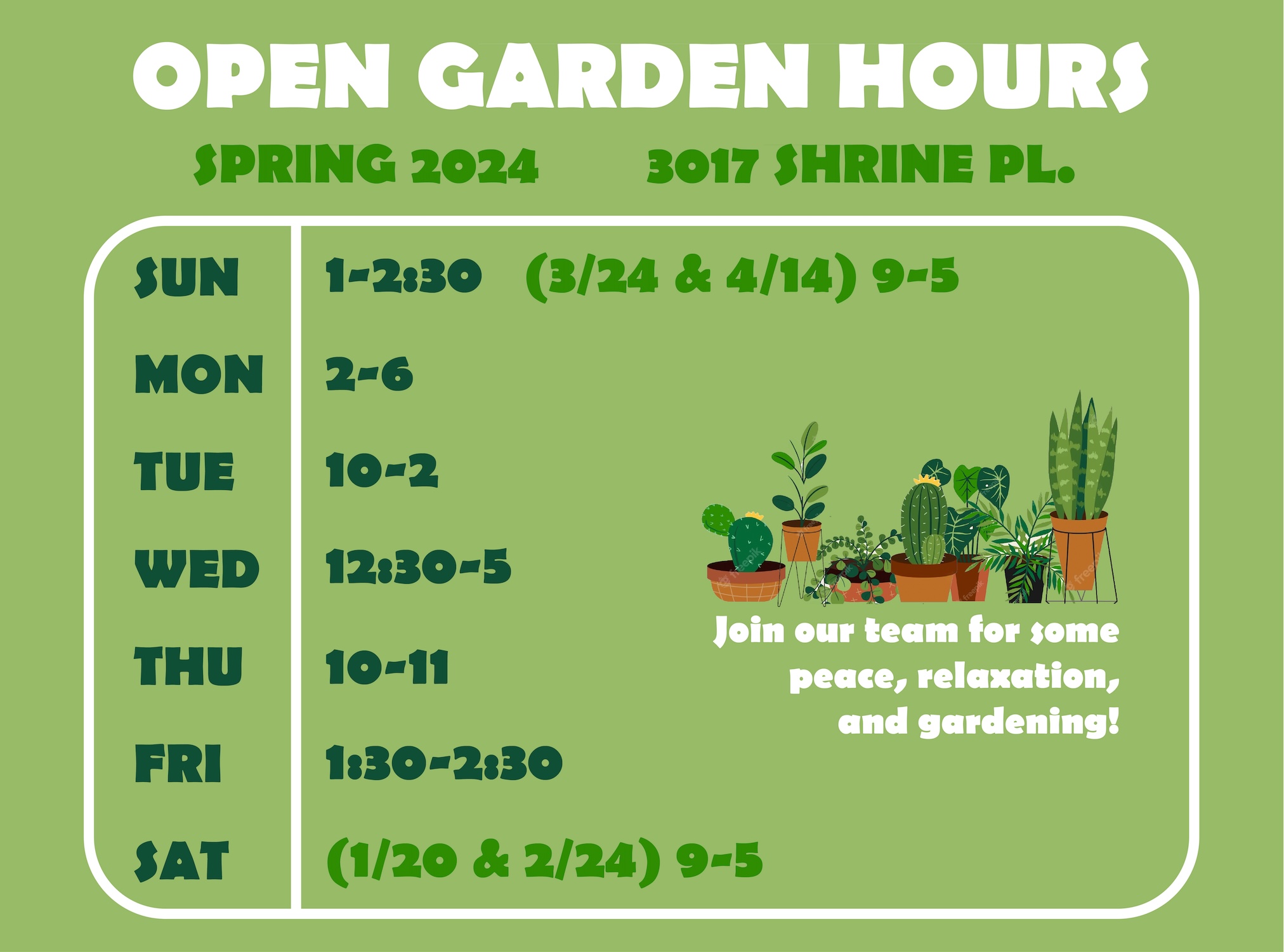 USC Peace Garden — Spring 2024 Open Hours