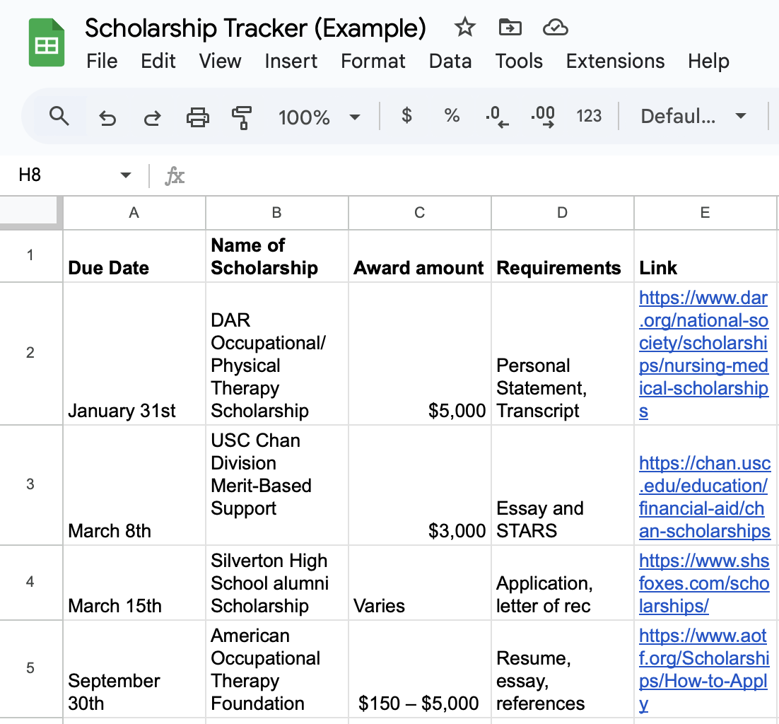 Avery's scholarship tracker spreadsheet