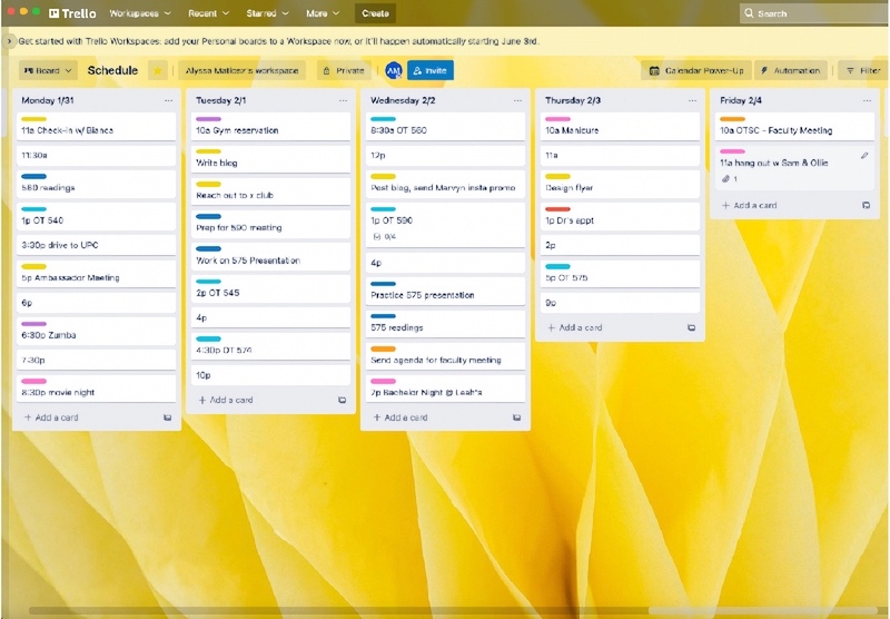 Trello daily schedule board