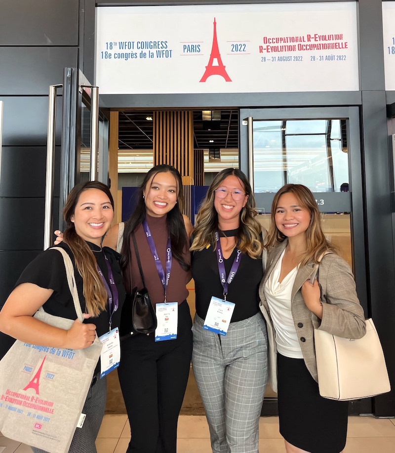 MA-II students Amanda Atenta, MA ’23, Jeanina Ng MA ’23, Cara Birkby MA ’23 and Christelli Carmona MA ’23 at the WFOT Conference 2022 held in Paris, France
