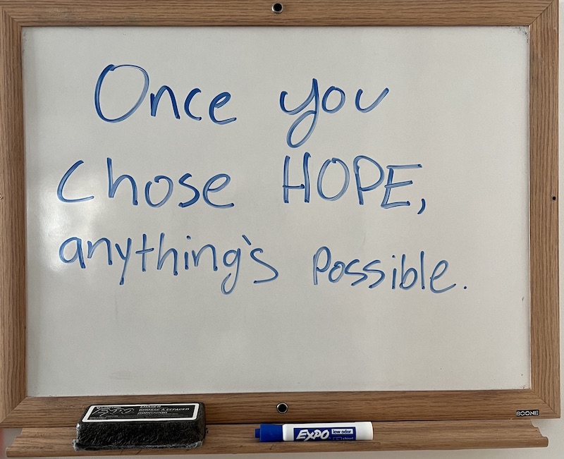 Positive words displayed on a whiteboard