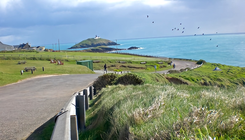 Coastal view of road, sea, and island in Ballycotton