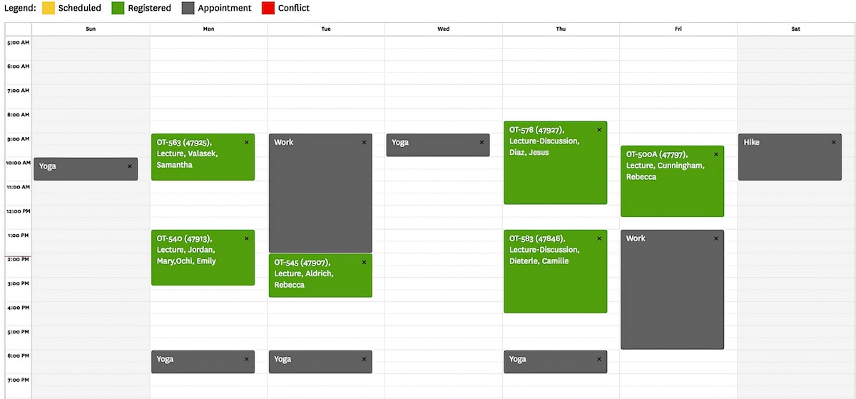 Schedule of my typical week as a USC OT student in the last academic semester of the Entry-Level Master's program