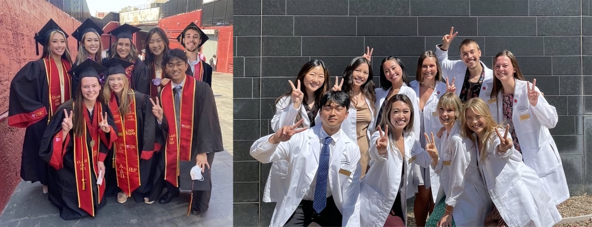 Right Picture: Eight Bachelor’s to Master’s students at their graduation; Left: Nine Bachelor’s to Master’s students at their white coat ceremony