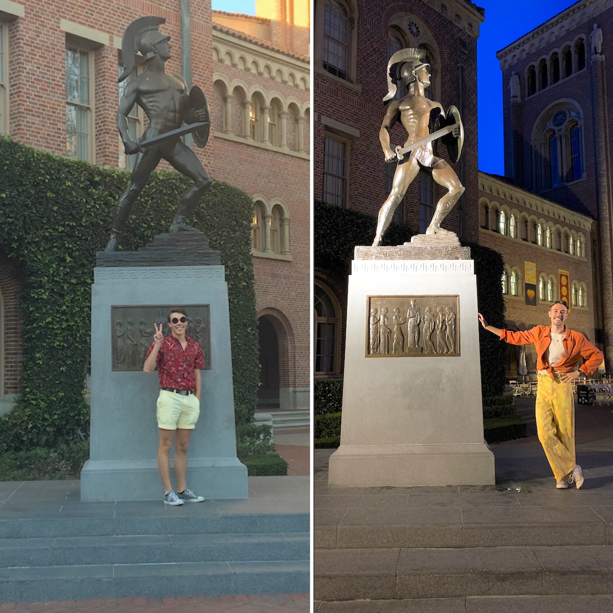 A collage of Seth standing in front of Tommy Trojan in 2017 next to a photo of him standing in the same place in 2022
