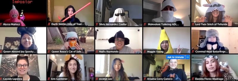 Screenshot of 15 students dressed up for Halloween on Zoom