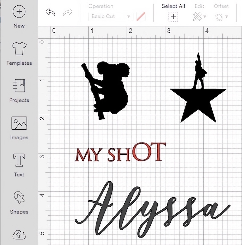 Screenshot of Teresa's design on the Cricut Design Space app, which includes the silhouette of a koala hanging onto a tree branch, the logo for Hamilton which is the silhouette of Alexander Hamilton pointing toward the sky as he stands atop a star, Alyssa's name in cursive font, and the words 'My Shot,' with the letters O.T. larger to signify occupational therapy