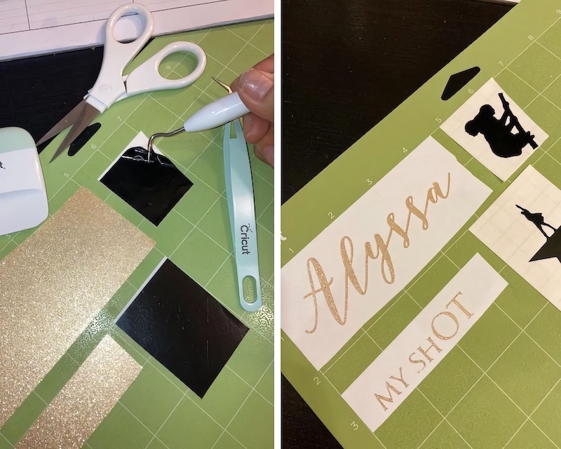 Two images of the weeding process following the cut. In the image on the left side, Teresa is using a sharp tool to extract the cut of the koala by removing the excess vinyl. In the image on the right side, all four designs have been weeded and are ready to transfer onto a surface.