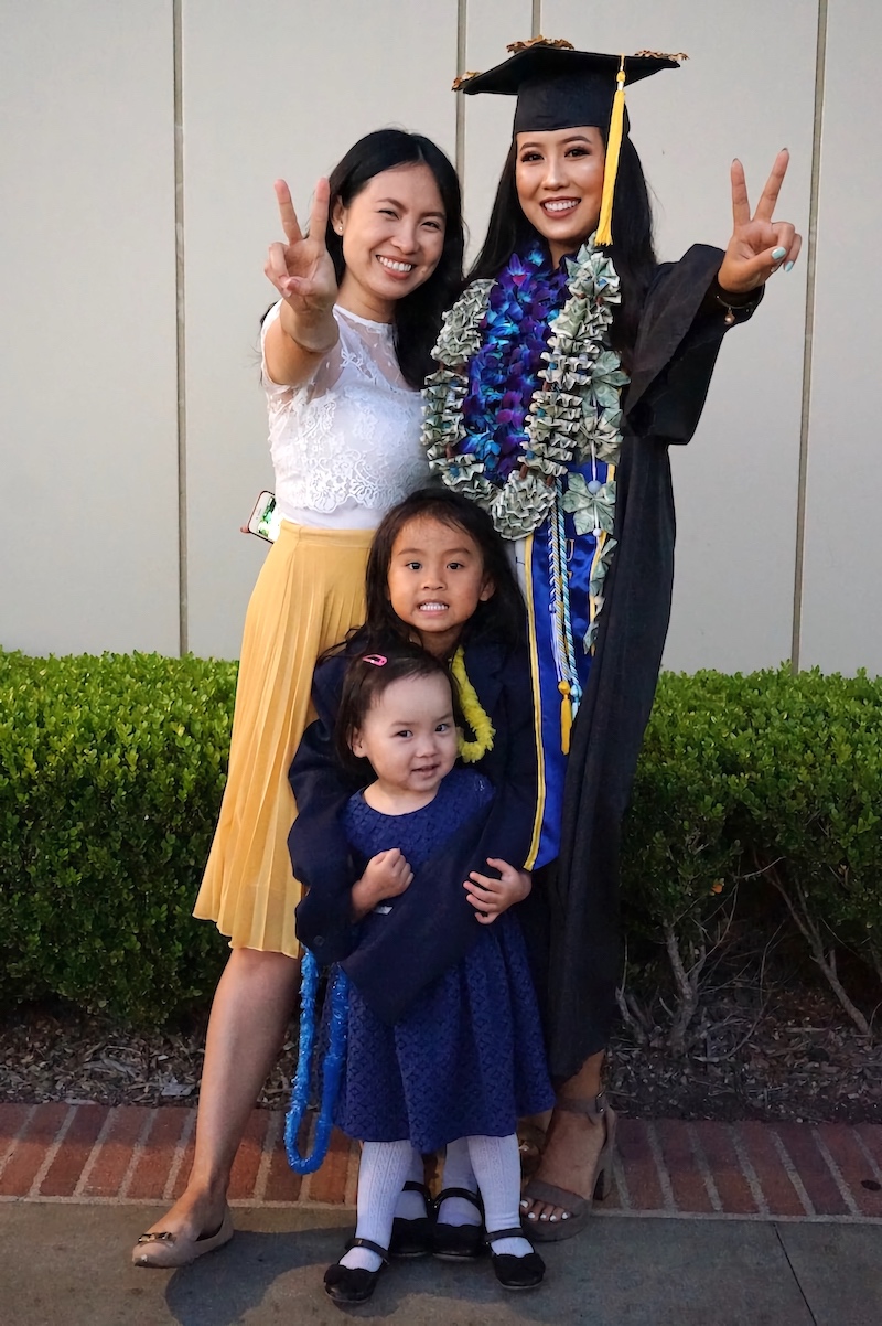Me, my sister, Kim (USC Price MHA ’16), and our nieces manifesting Fight On ✌️ for me at my graduation from UCLA in 2018